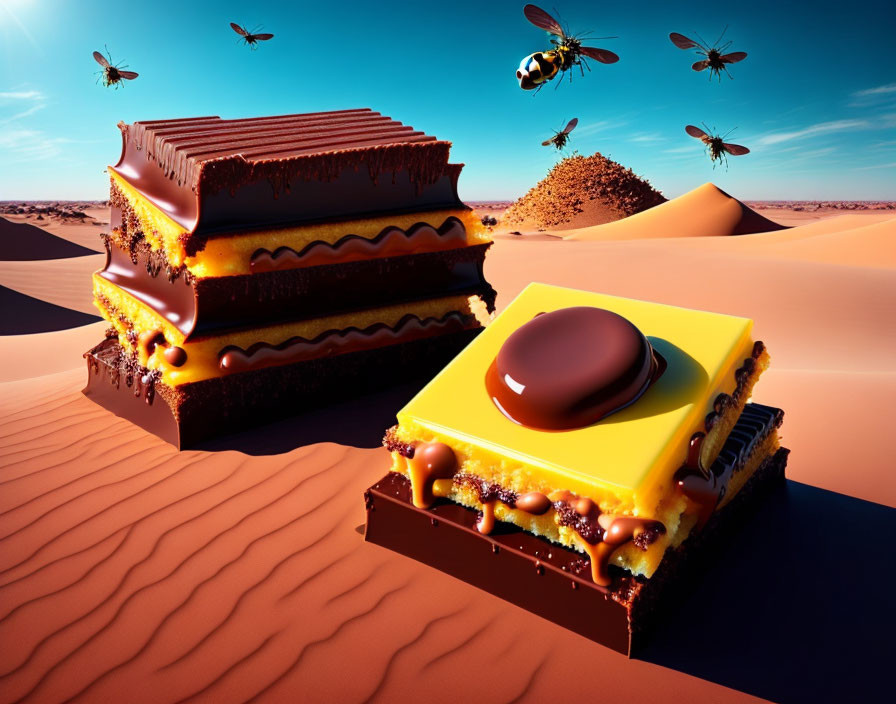 Surreal desert landscape with giant layered desserts and flying bees