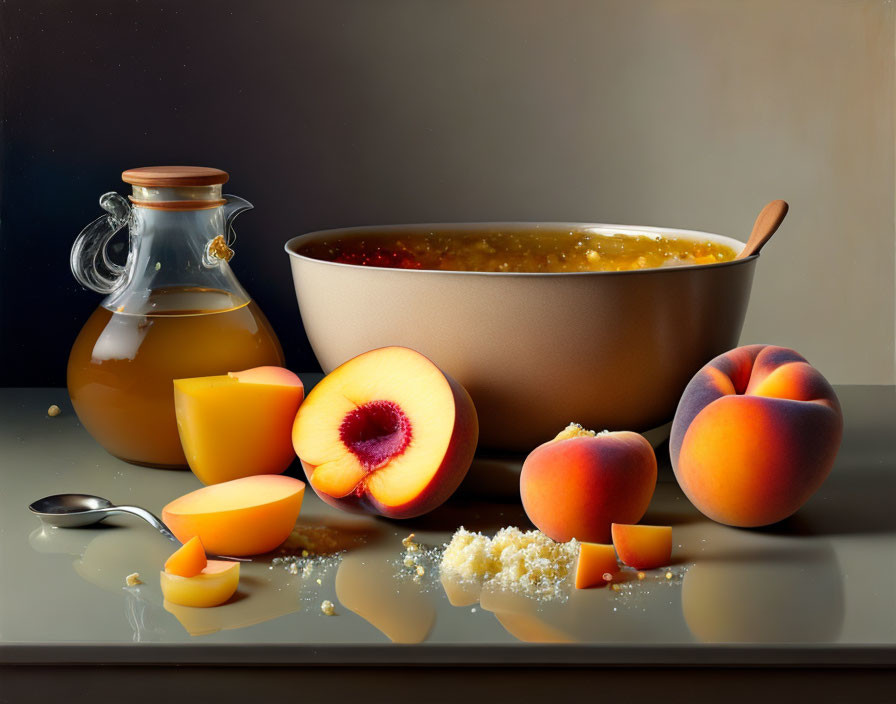 Ripe Peaches, Sliced Peach, Bowl of Mixture, Spoon, Glass Jug on Reflect