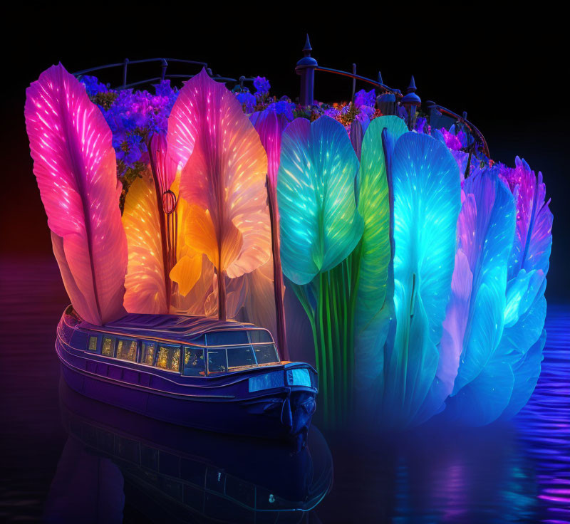 Boat with vibrant feather-like installations on dark water