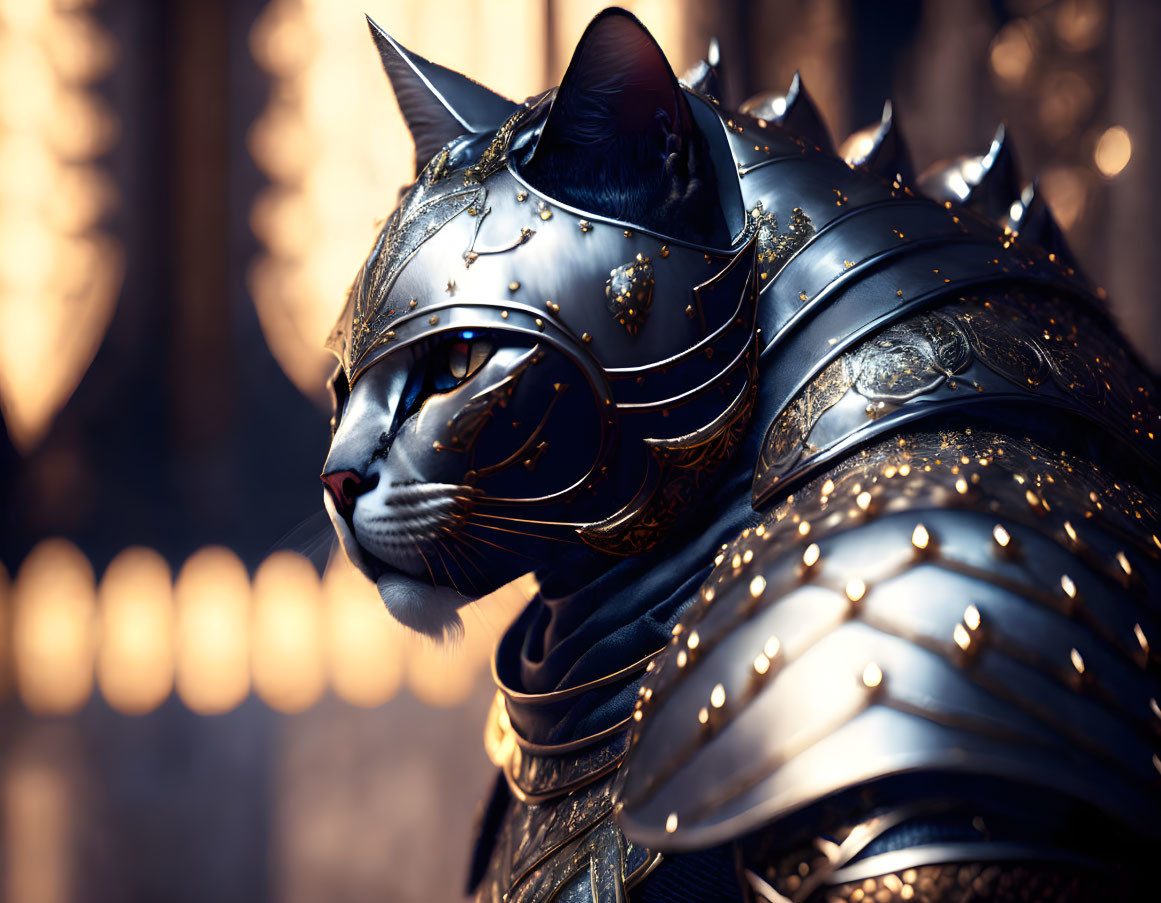 Black Cat in Medieval Armor with Gold Detailing on Blurred Background