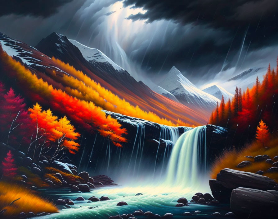 Autumnal forest painting with waterfall, snow-capped mountains, stormy sky & light rays