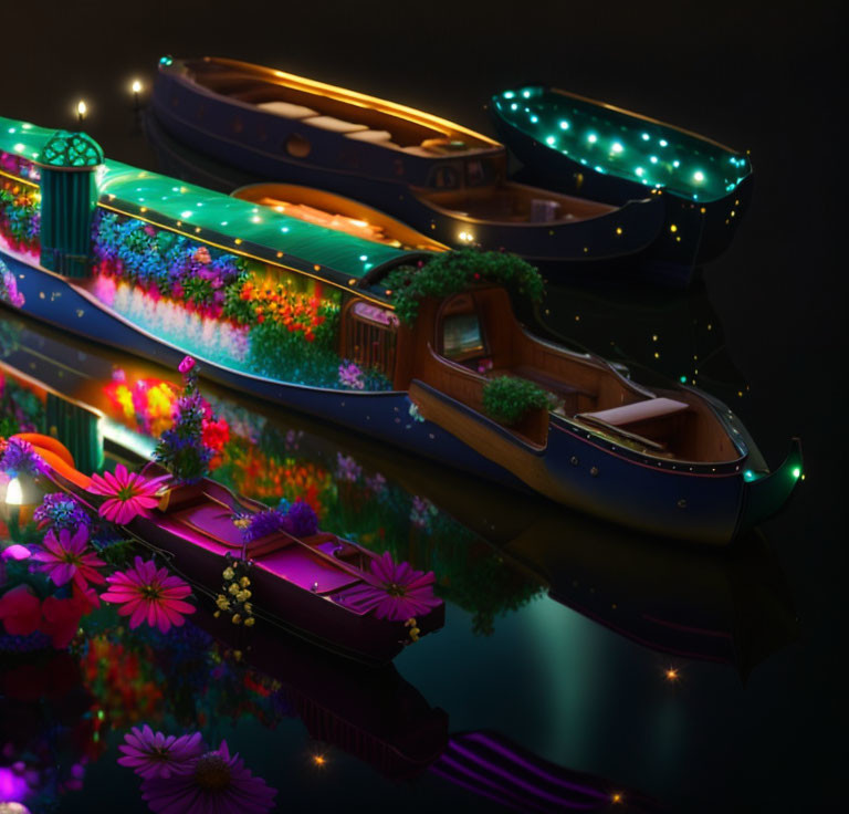 Colorful illuminated canal boats on calm water at night