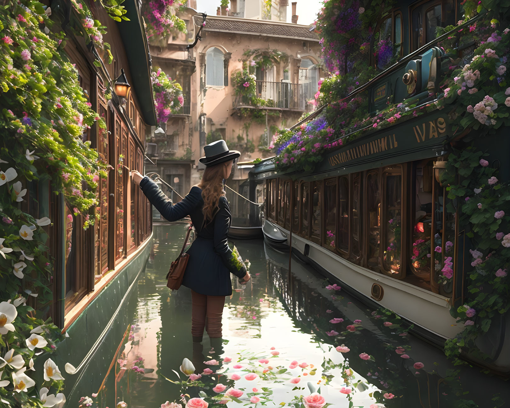 Woman in hat by flower-adorned boat on canal with floating blossoms