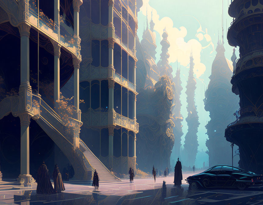 Ornate futuristic cityscape with towering trees and silhouettes of people and car under golden haze