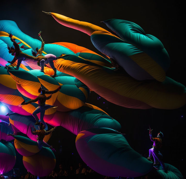 Elaborate Costumed Performers Balancing on Colorful Props