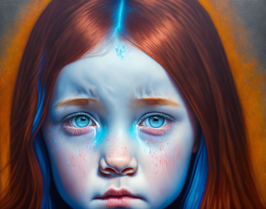 Young girl portrait with blue eyes, red hair, and blue light on forehead against orange background