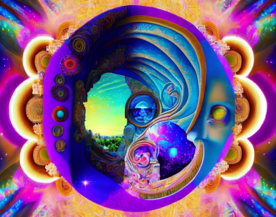 Colorful Psychedelic Swirl with Cosmic Motifs and Circular Shapes