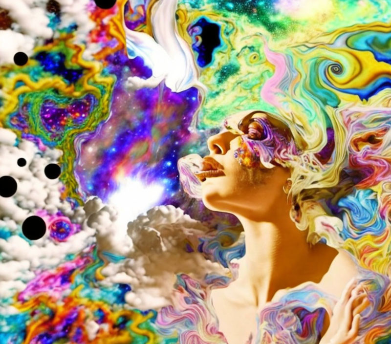 Colorful digital artwork: Woman's profile with cosmic and paint swirl elements