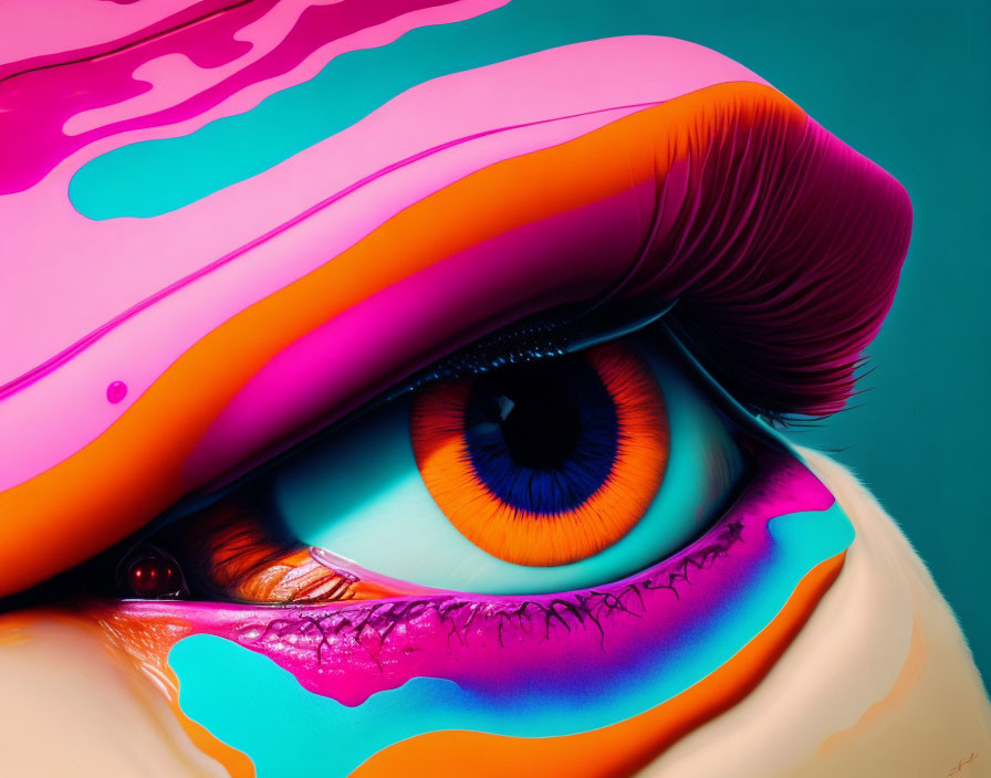 Colorful surreal eye makeup art on teal background