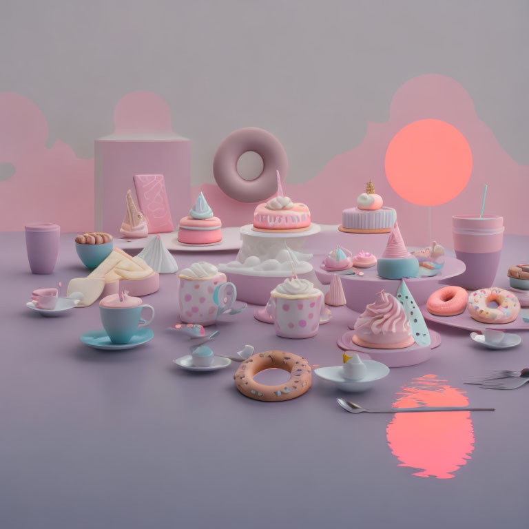 Pastel-themed still life with desserts, cups, and utensils on reflective surface