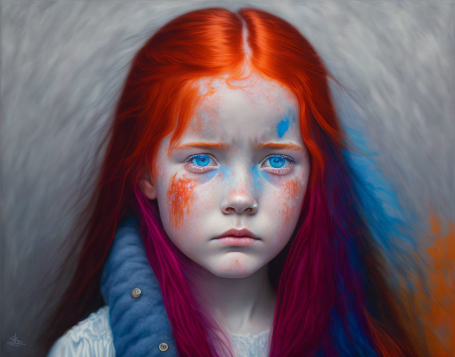 Young girl portrait with red hair and blue face smudges.