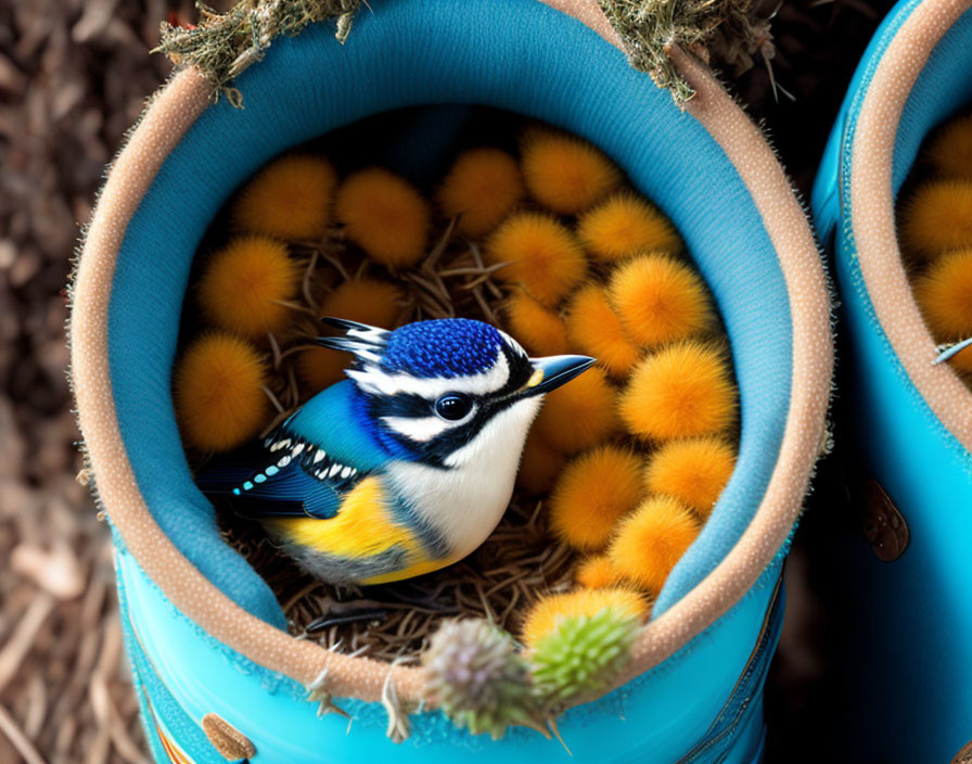 Colorful Bird with Blue Crest in Nest Surrounded by Orange Balls and Mirror