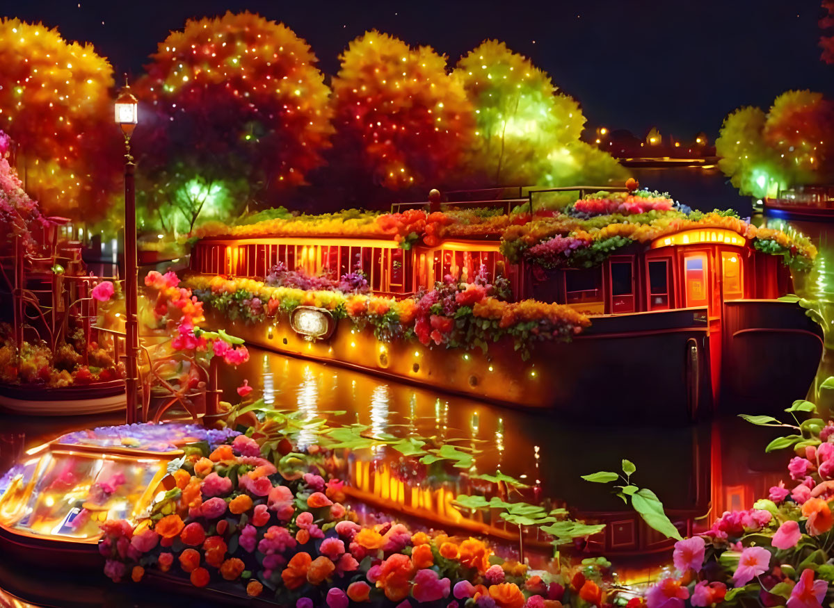 Colorful Flower-Adorned Houseboat on Calm River at Night