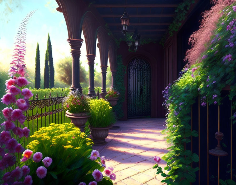 Tranquil garden path with lush flowers, ornate gate, and arched veranda