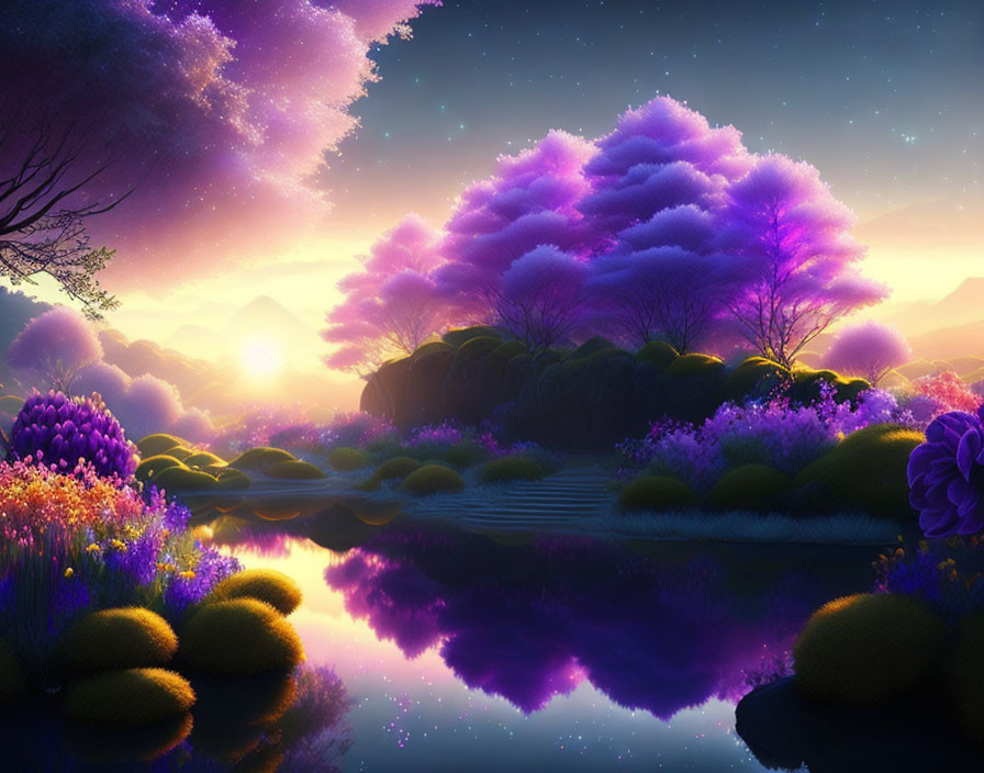 Vibrant purple trees and serene lake in digital art