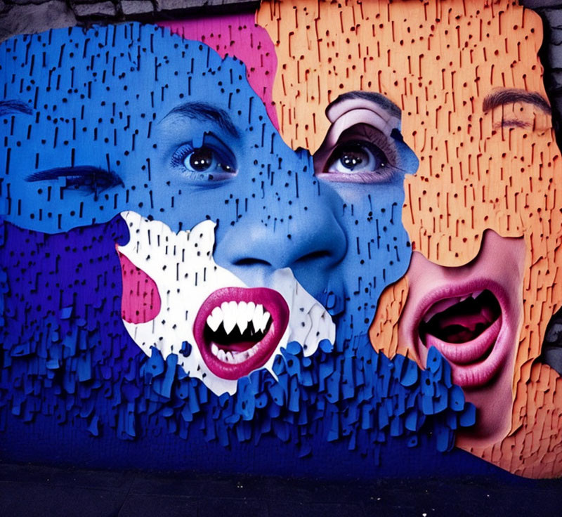 Colorful mural of fragmented faces on brick wall