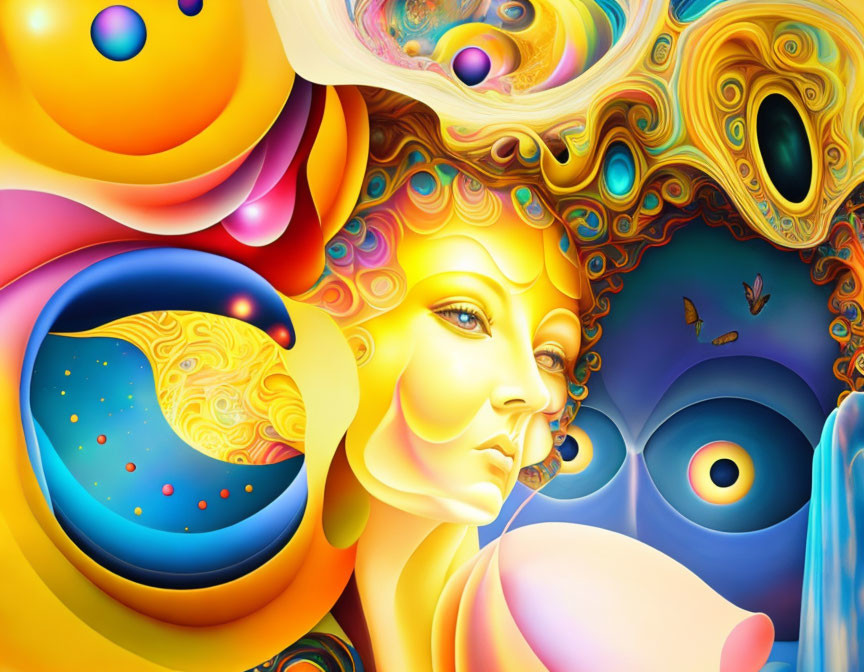 Colorful surrealistic artwork of woman's face with cosmic and natural elements