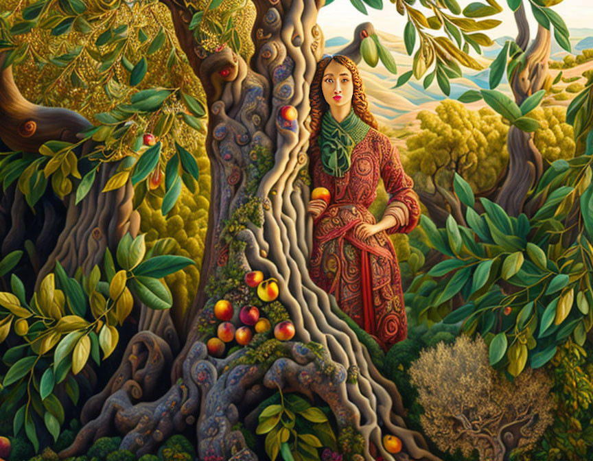 Woman in intricate red coat in lush, fantastical forest with fruit trees and blending faces