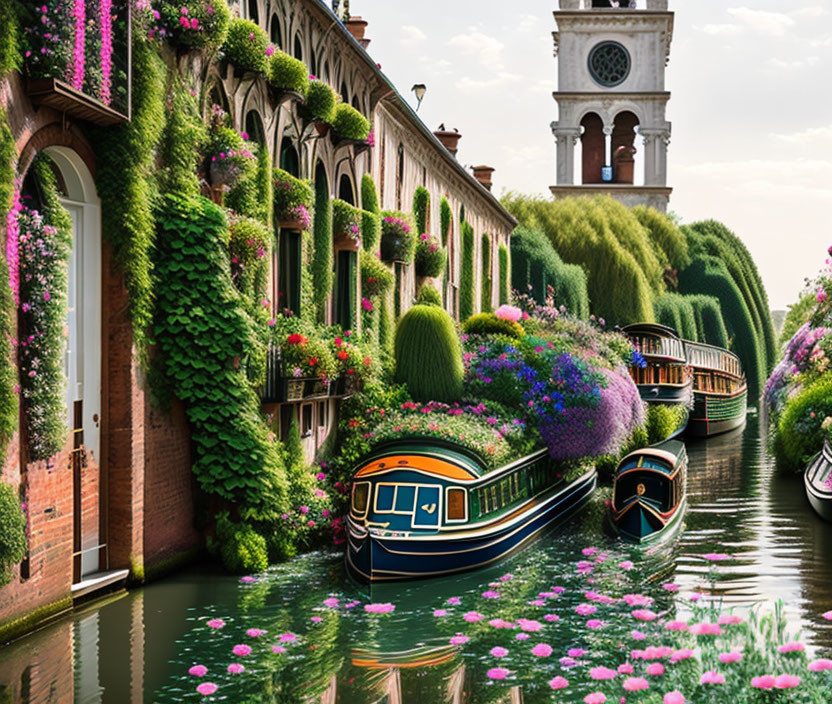 Scenic Venetian Canal with Flowers, Boat, and Historic Building