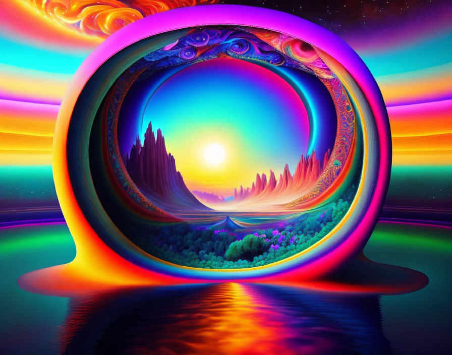 Colorful surreal landscape in circular portal with sunset reflection