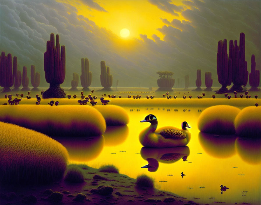 Surreal golden landscape with ducks, fluffy formations, and cactus-like structures