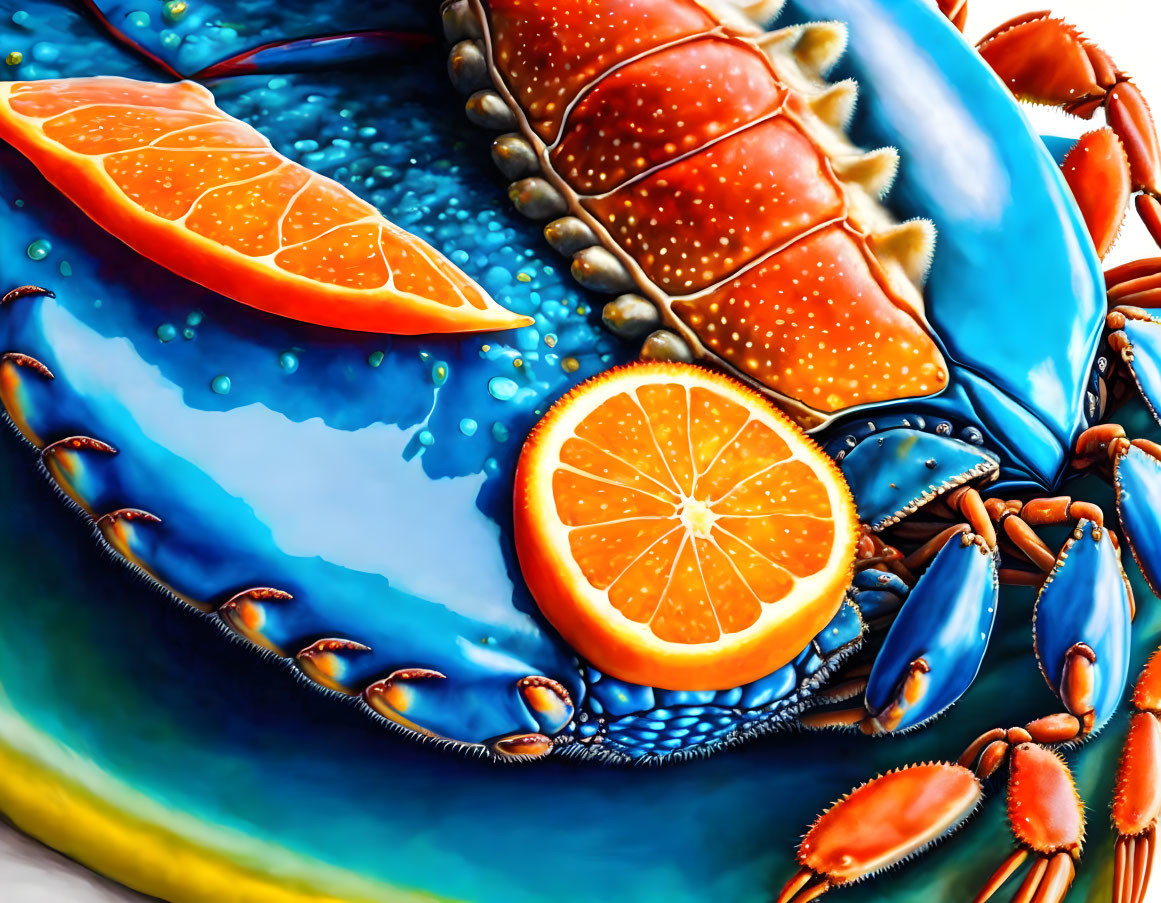 Detailed blue crab with orange slices in vibrant illustration