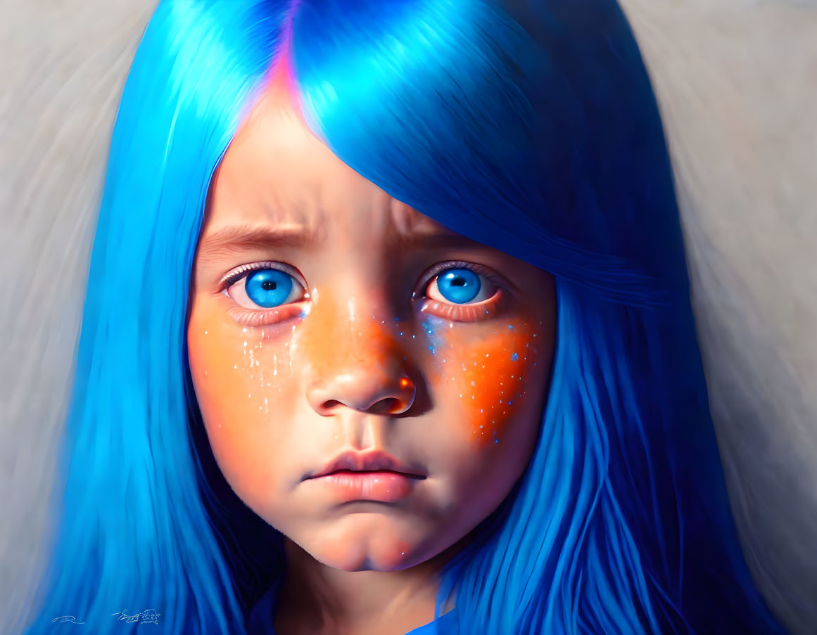 Child with Blue Hair and Teardrops Reflecting Orange Light