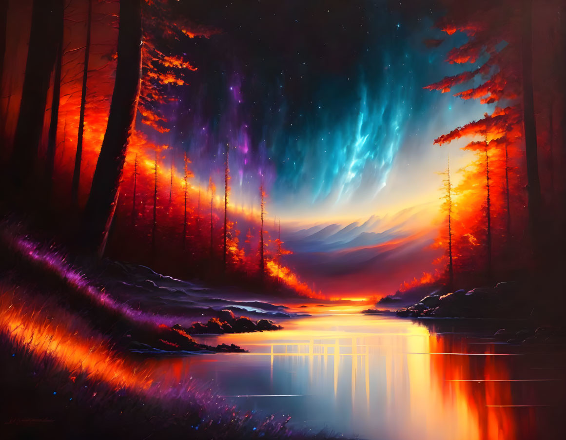 Surreal forest landscape with luminous sky and vibrant lake colors