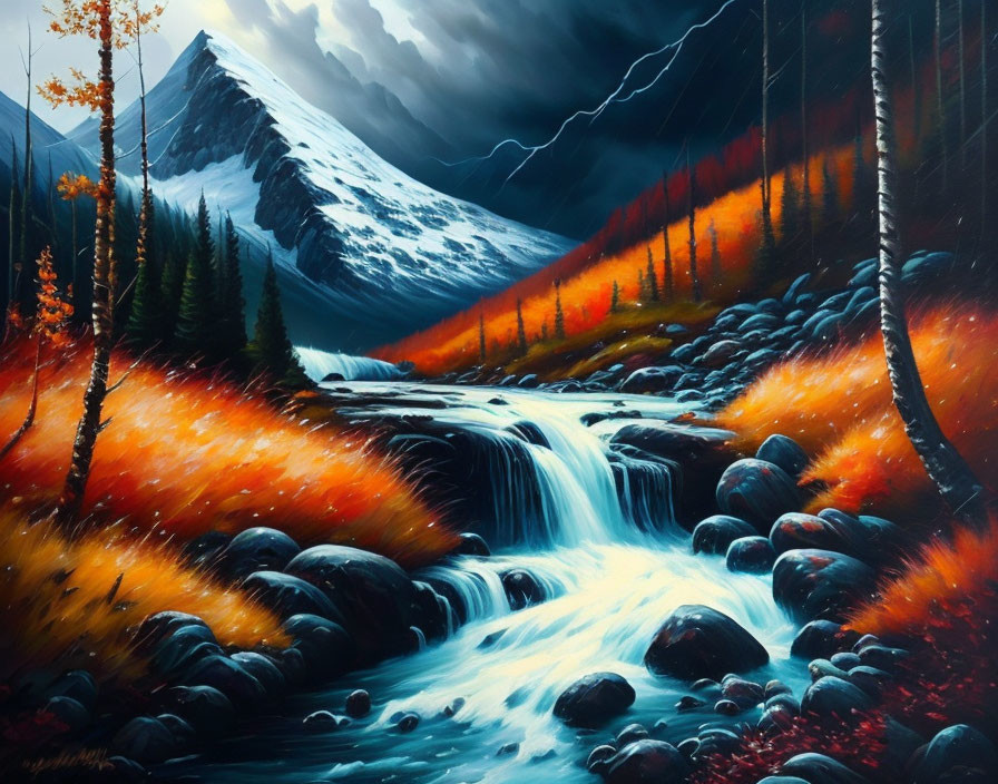 Colorful mountain landscape with river, lightning, and autumn trees