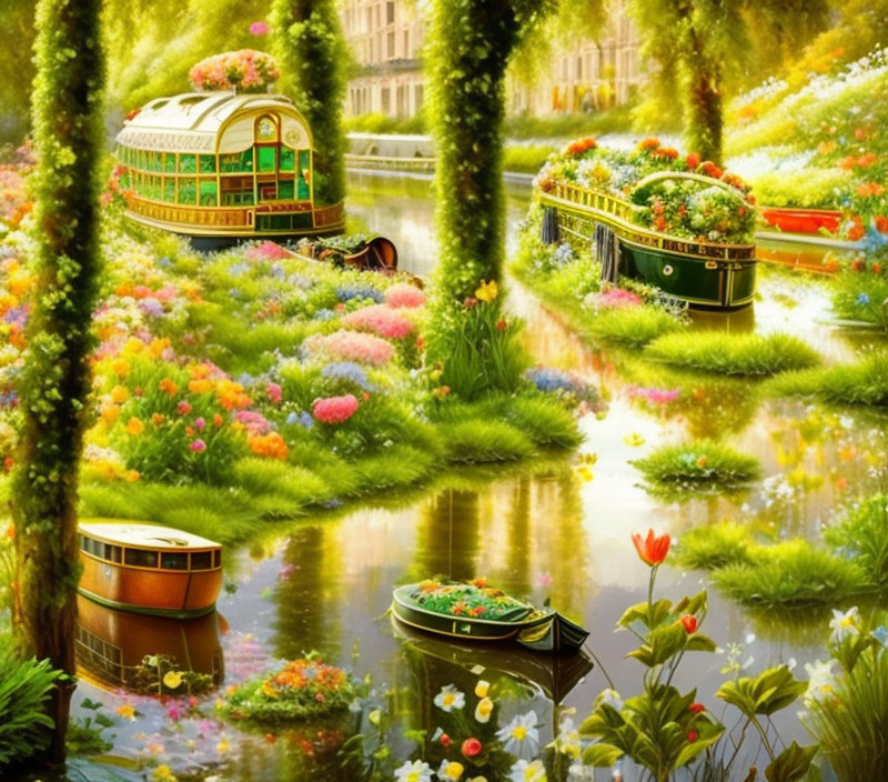 Colorful Garden with Stream & Unique Boats