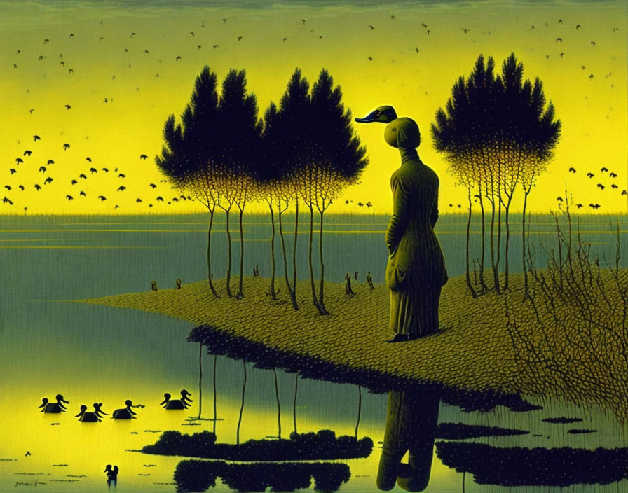 Surreal artwork of woman with bird in yellow landscape