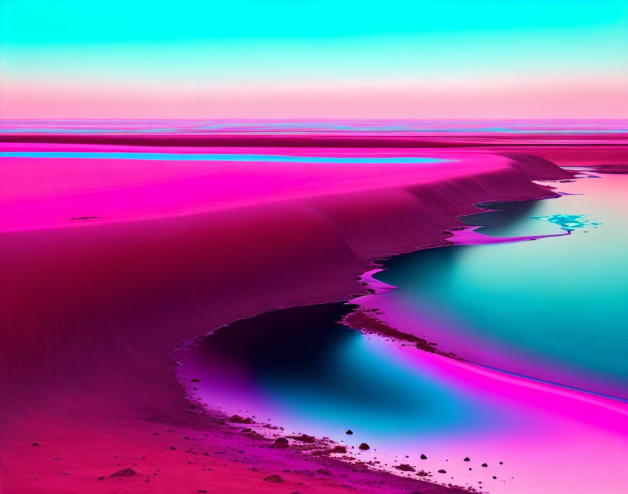 Digitally altered photograph of neon shoreline landscape