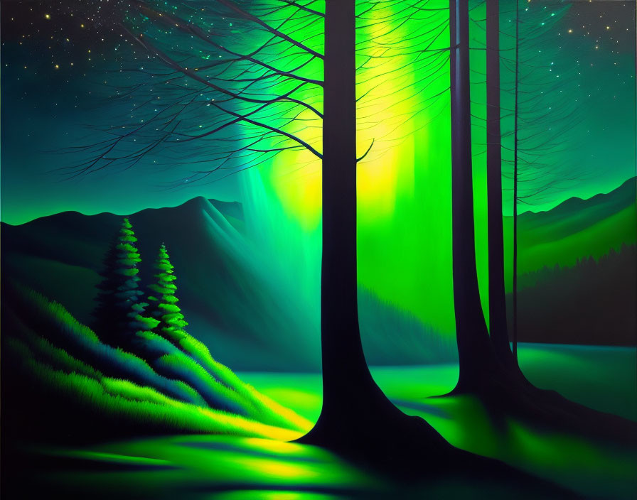 Night Scene with Aurora Borealis, Silhouetted Trees, and Mountain Landscape