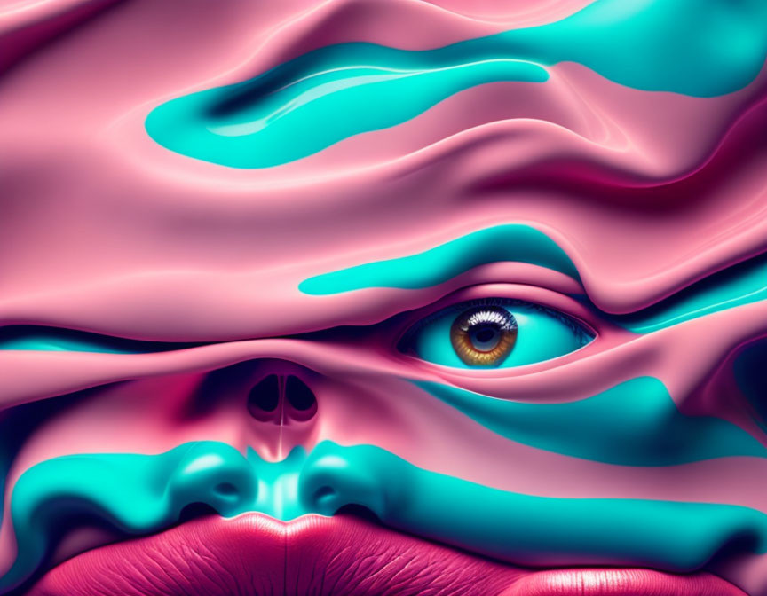 Vibrant surreal human face with smooth contours in pinks and turquoise