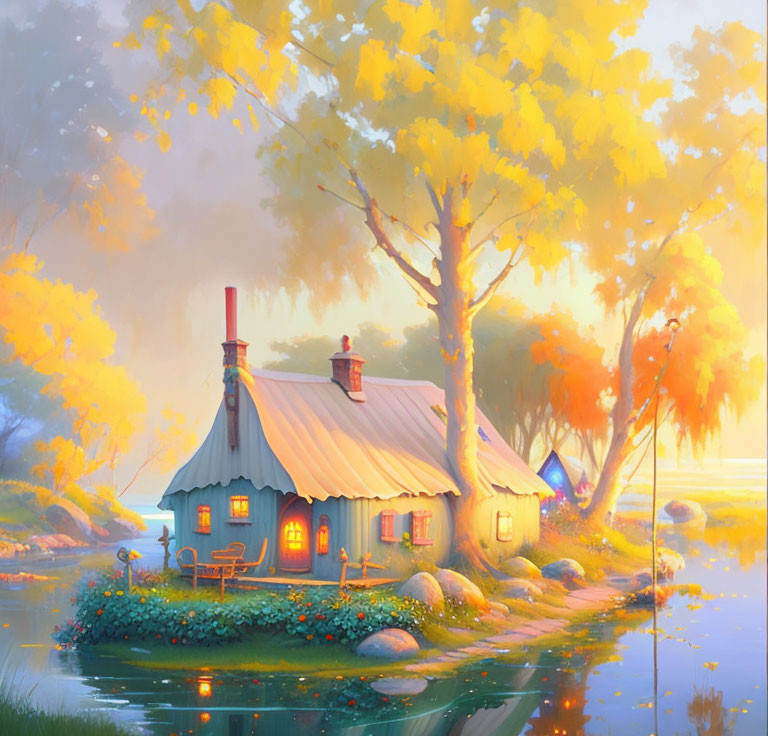 Tranquil autumn lake scene with cozy cottage and golden foliage