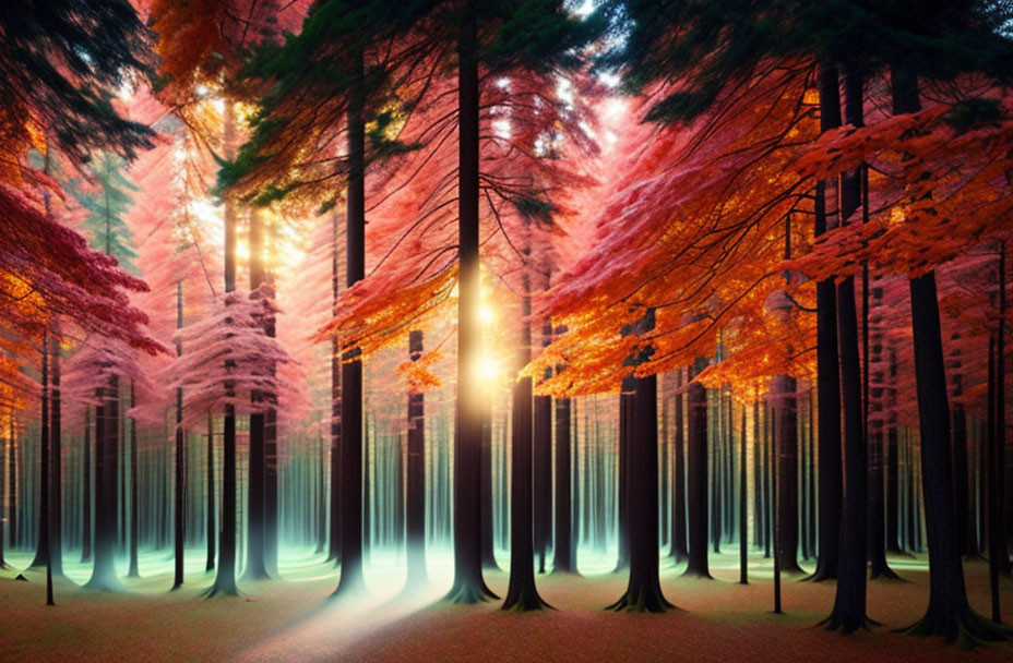 Tranquil forest scene with tall trees, sunlight, and vibrant foliage