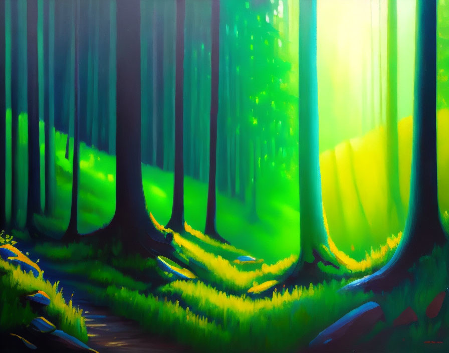 Sunlit forest with vibrant beams on lush green floor