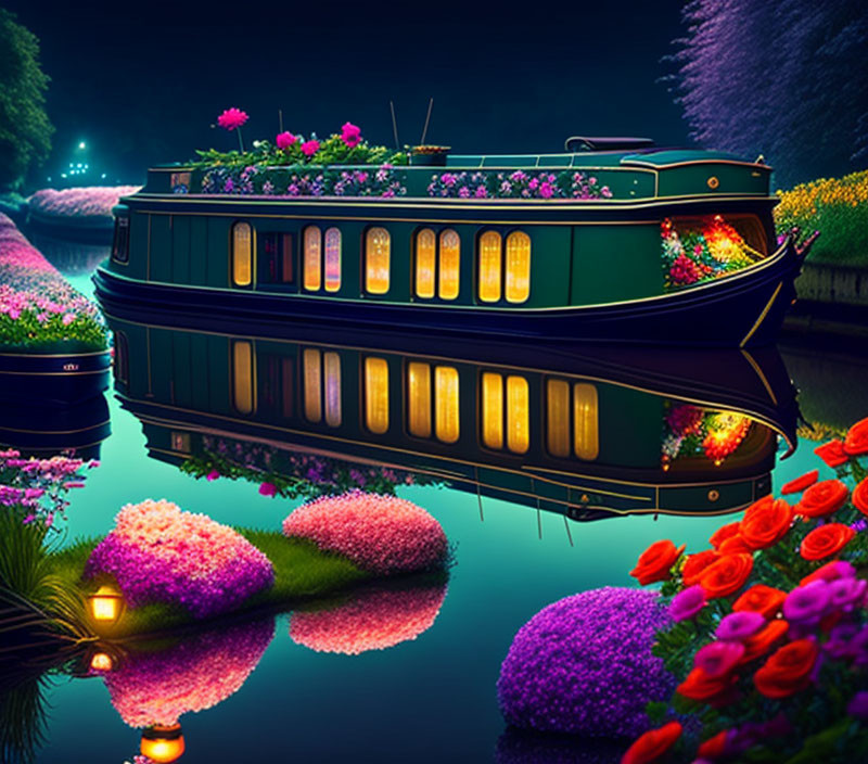 Vibrantly lit houseboat on tranquil river with flowers at night