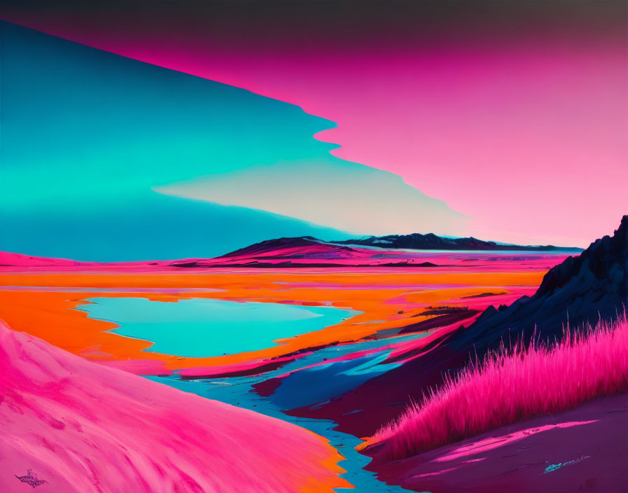 Colorful landscape painting with hills, water bodies, and surreal sky