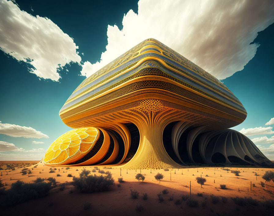 Unique undulating futuristic building in desert landscape