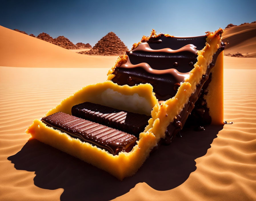 Surreal chocolate cake with desert landscape layers