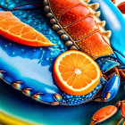 Detailed blue crab with orange slices in vibrant illustration