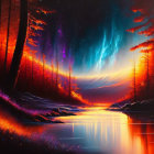 Surreal forest landscape with luminous sky and vibrant lake colors