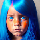 Child with Blue Hair and Teardrops Reflecting Orange Light