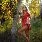 Woman in intricate red coat in lush, fantastical forest with fruit trees and blending faces