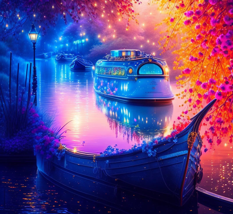 Surreal night canal scene with blue boat and multicolored reflections