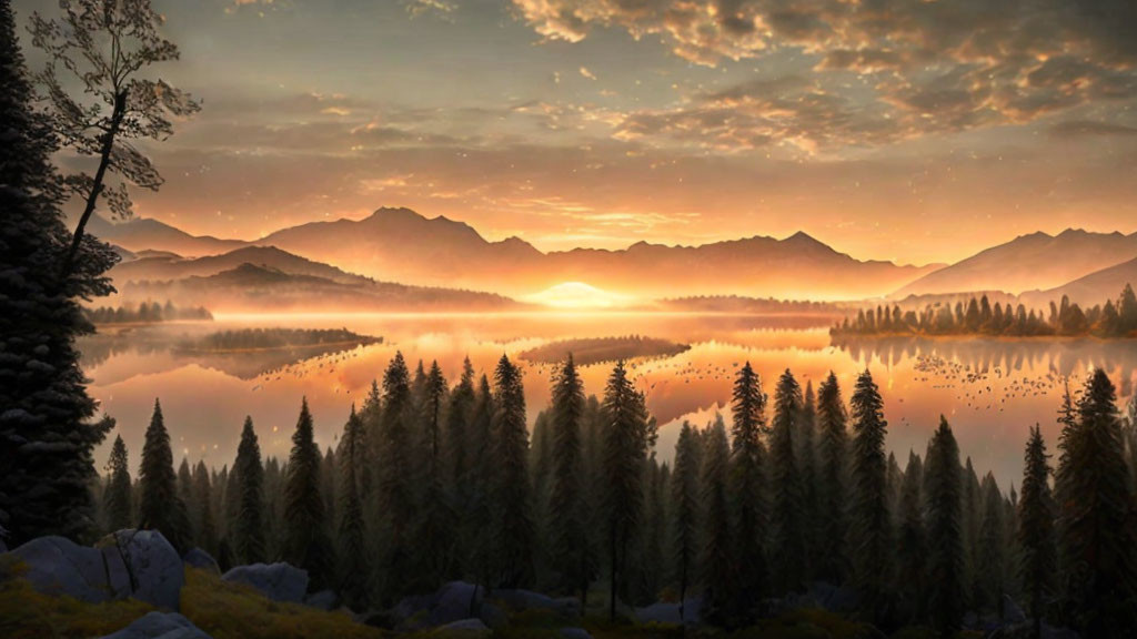 Tranquil Sunrise Scene: Lake, Mountains, Golden Sky