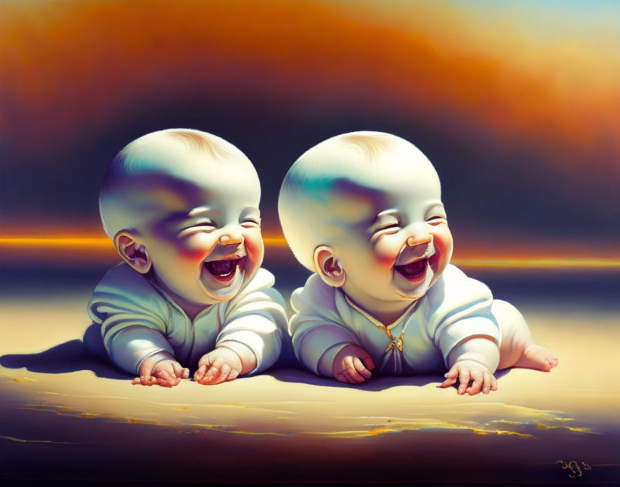 Cheerful animated babies laughing on beach at sunset