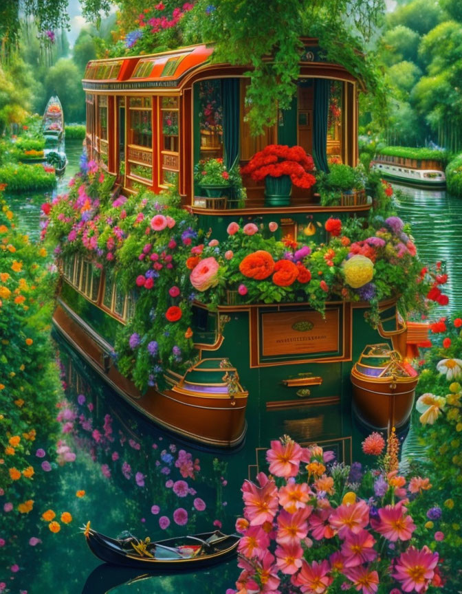 Colorful Flower-Adorned Canal Boat Floating on Tranquil Waterway