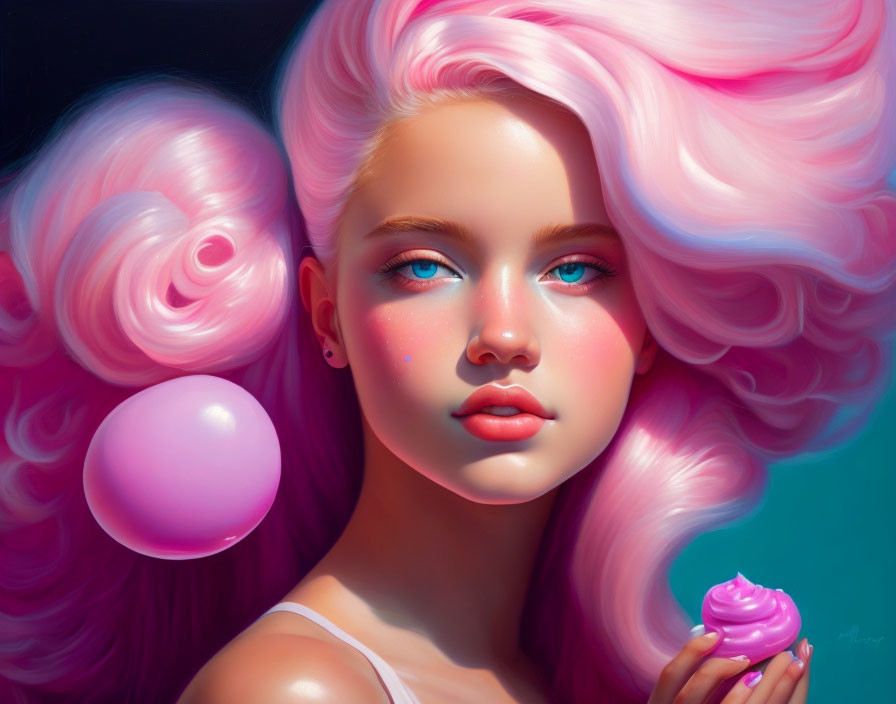 Girl with Voluminous Pink Hair Holding Cupcake and Bubble Gum Bubble